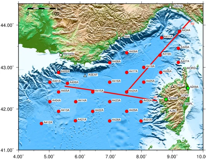 Abb. 3:  Geplante Profile (R1 und R2) der MERIAN Expedition MSM 71. Die Kreise markieren die Absetz- Absetz-positionen der Langzeit-OBS vom Juni 2017