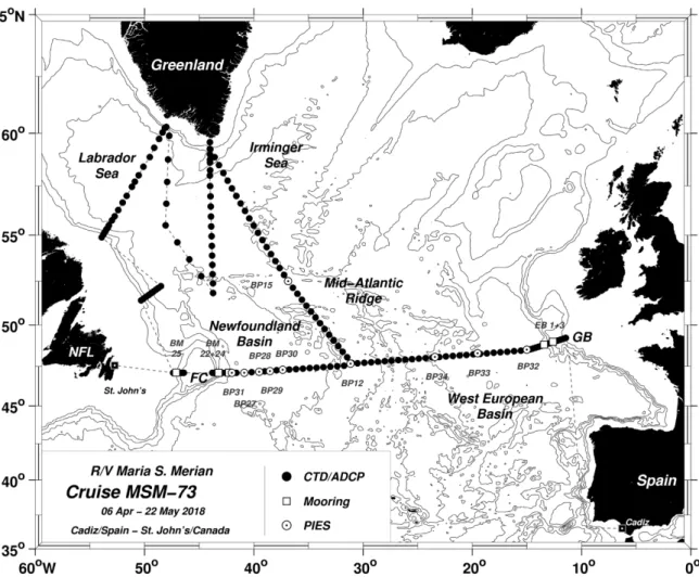 Abb. 5: Arbeitsgebiet und geplanter Fahrtverlauf der Reise MSM73. Hydrographische Schnitte sind durch  schwarze Punkte hervorgehoben