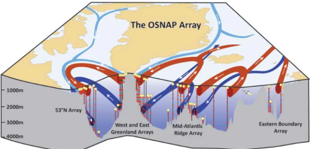 Abb. 6:Schematische Abbildung der Stromäste (rot warm, blau kalt, hellblau Arktisch/salzarm) im subpolaren  Nordatlantik deren Variabilität mit Hilfe des internationalen OSNAP Arrays vermessen wird