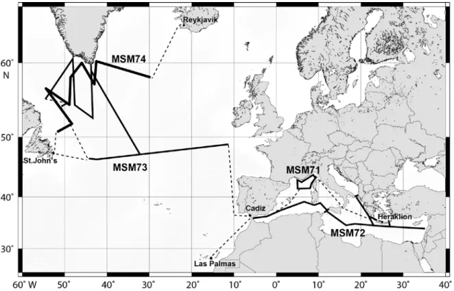 Abb. 1:  Geplante Fahrtrouten und Arbeitsgebiete der MERIAN Expeditionen MSM71 – MSM74