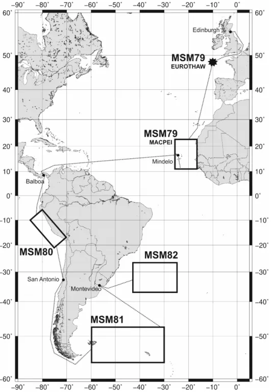 Abb. 1:  Geplante Fahrtrouten und Arbeitsgebiete der MERIAN Expeditionen MSM79  Fig. 1:  Planned cruise tracks and working areas of MERIAN cruises MSM79