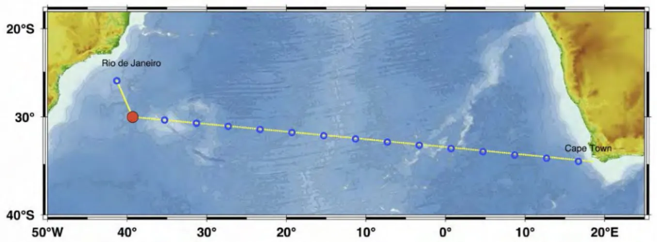 Abb. 3  Das Arbeitsgebiet der M124 Reise von Kapstadt nach Rio de Janeiro. Gelbe Punkte geben unterwegs Stationen  an, blaue Kreise Multinetz/CTD Rosette Stationen