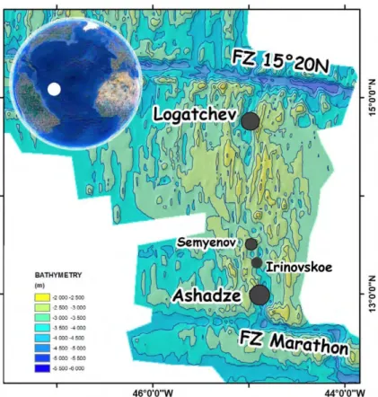 Abb. 5  Das Arbeitsgebiet von M126 zwischen den Marathon und 15°20‘ N Bruchzonen mit den vier Hydrother- Hydrother-malfeldern Logatchev, Semenov, Irinovskoe und Ashadze (modifiziert von Ondréas et al