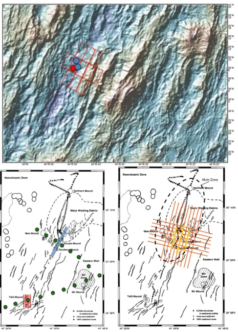 Abb. 2 Oben: Bathymetrie des Arbeitsgebietes bei 26°N (MAR) mit aktivem TAG Hydrother- Hydrother-malfeld (roter Punkt) und inaktiven Ablagerungen der fossilen Alvin und Mir Zonen (blaue  Punkte)