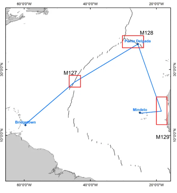 Abb. 1  Geplante Fahrtrouten und Arbeitsgebiete der METEOR Expeditionen M127 – M129.    