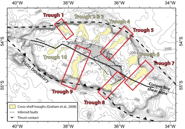 Abb.  6: Übersichtskarte von Südgeorgien mit markierten glazialen Trögen, von denen drei wäh- wäh-rend der Fahrt M134/1 genauer untersucht werden sollen