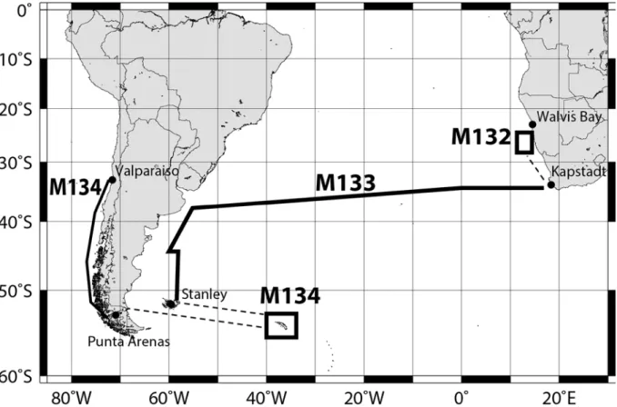 Abb. 1: Geplante Fahrtrouten und Arbeitsgebiete der METEOR Expeditionen M132 – M134. 
