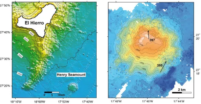 Abb. 2:  Links: Bathymetrische Karte der Umgebung von Henry Seamount, der südöstlich von El Hierro  aus 3600 m Wassertiefe emporragt