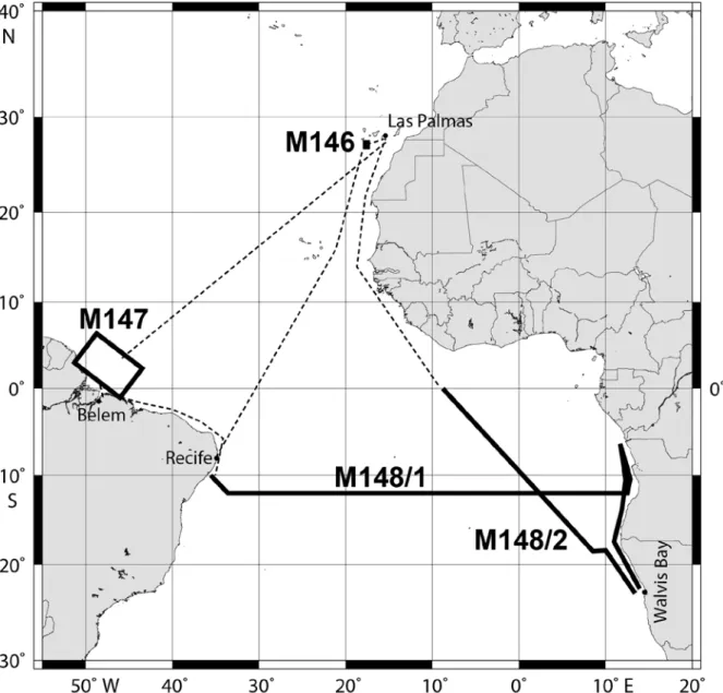 Abb. 1:  Geplante Fahrtrouten und Arbeitsgebiete der METEOR Expeditionen M146 - M148/2