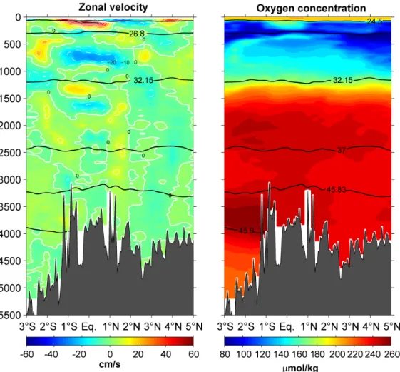 Abb. 1: Zonal velocity in cm/s (left panel) and concentration of dissolved oxygen in   mol/kg  (right panel) between 3°S and 5°N along 23°W