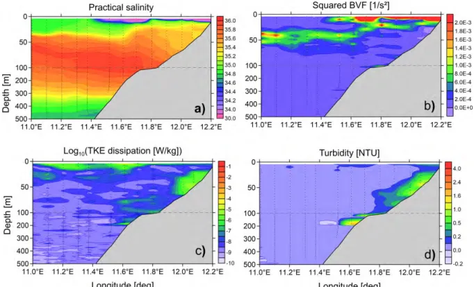 Fig.  3:  Salinity  (a),  vertical  stratification  (b),  turbulence  (c)  and  turbidity  (d)  as  measured  with  the  microstructure probe in the area of the Congo outflow at about 6°S (figure by Volker Mohrholz).