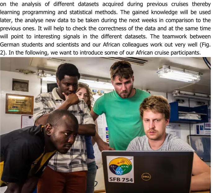Abb.  2:  Common  analysis  of  the  acquired  data.  From  left:  Blessing  Kamwi,  Rodrigue  Anicet  Imbol  Koungue, Megan Metcalfe, Robert Kopte, Soeren Thomsen (Photo: SvN)