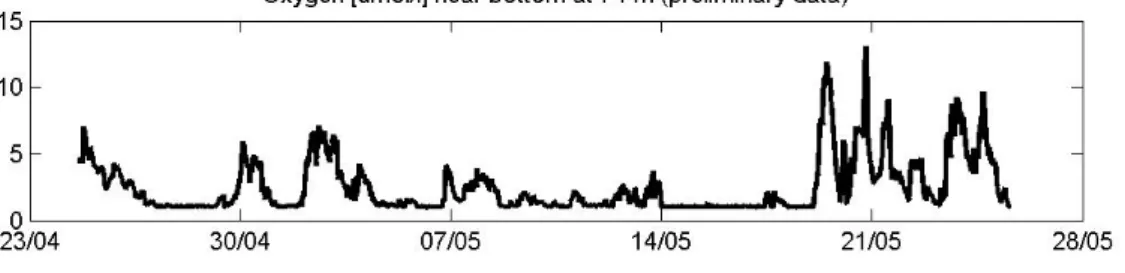 Abb. 2: O 2  Variabilität in 74 m Wassertiefe. Diese Messungen wurden von einem Minilander  (SLM), der während der M ETEOR  Reisen M136 und M137 am Meeresboden verankert war  kontinuierlich durchgeführt
