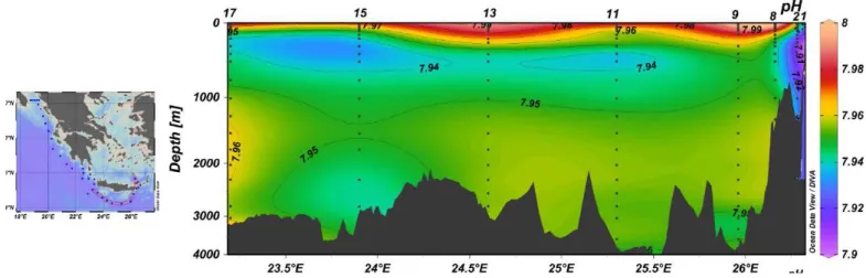Abb. 3: pH_Verteilung in der Kreta See und südlich von Kreta. Links: Lage der Stationen (rot umrandet) 