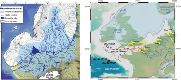 Figure 1. Map of Europa 20.000 years before present. Left: Drainage rivers of the continental ice (Patton et  al.,  2017),  Right:  Discharge  direction  of  the  Palaeo-river  with  core  positions  of  MSM79  (after  Ménot  et  al.,  2006)