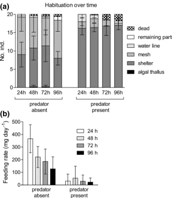 Fig. 3    Spatial distribution (a) and per capita food consumption (b)  of groups of 20 individuals each of Echinogammarus marinus in  direct interaction with groups (5 or 10 individuals each) of  Gam-marus locusta and in the presence of the predator Tauru