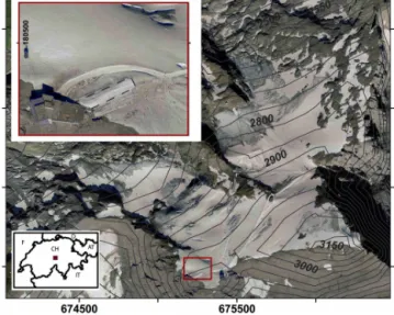 Figure 1. The study site on Titlis glacier, central Swiss Alps. The ice tunnel is adjacent to the cable car station on Chli Titlis summit (red square in overview map)