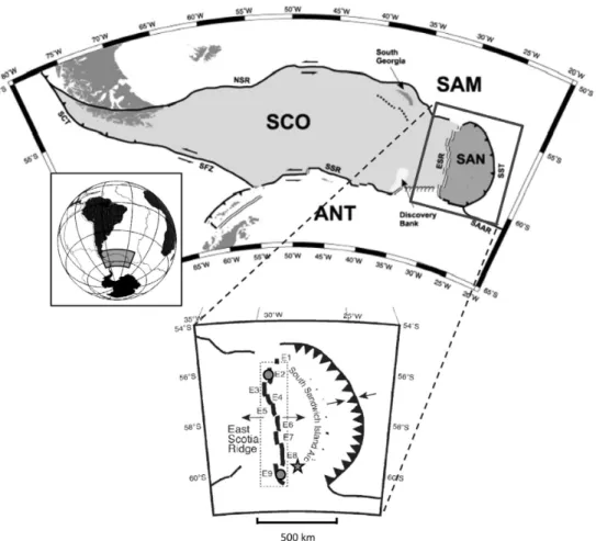 Fig. 2.3: Location of the East Scotia Ridge (ESR) and Kemp Caldera in the Scotia Sea, in relation to  the South American plate (SAM), the Antarctic plate (ANT), the Scotia plate (SCO) and the Sandwich  plate (SAN)