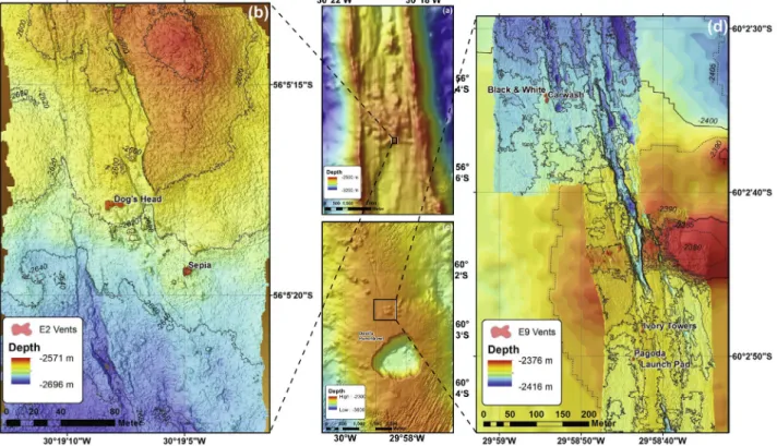 Fig. 2.4: Bathymetric maps of parts of the E2 and E9 segments of the East Scotia Ridge (middle) and two  detailed micro-bathymetry maps (left and right) of vent areas