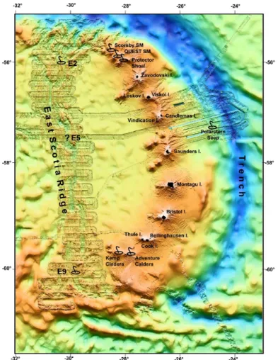Fig. 3.1: Available bathymetry in the back-arc, arc, and fore-arc of the South Sandwich micro-plate  (Leat et al
