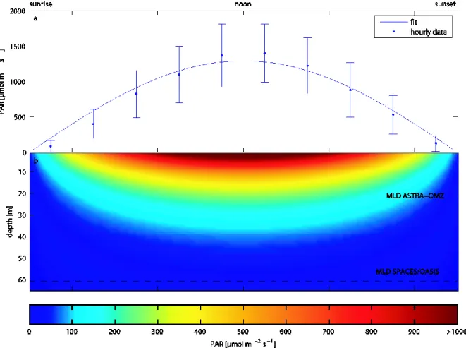 Figure  S1:  Example  for  above  and  in-water  radiation.  (a)  Data  points  represent  hourly  radiation  measurements  (converted from  W m -2  into  photosynthetic  active radiation (PAR, µmol m -2  s -1 ) as described  in paragraph 2.6) from 