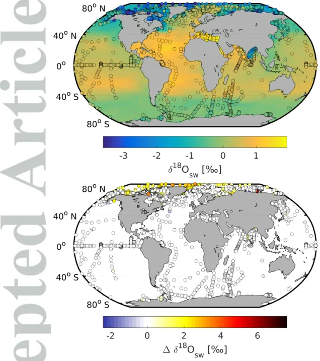 Figure 2. Upper panel: Simulated 100-year average δ 18 O sw surface field (0-50 m) and assimilated observational δ 18 O sw data above 50 m