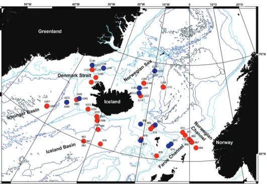 Figure 1. Map of all IceAGE EBS stations where amphipods have been found. Red: stations with am- am-phipods determined; Blue: stations where amam-phipods were not further determined (873, 874, 877, 881,  882, 1043, 1045, 1069, 1136, 1144, 1148, 1191, 1209,