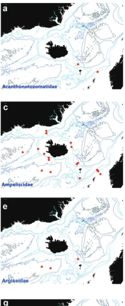 Figure 3. Distribution map for a Acanthonotozomatidae b Amathillopsidae c Ampeliscidae d Amphilochi- Amphilochi-dae e ArgissiAmphilochi-dae f AtyliAmphilochi-dae g CalliopiiAmphilochi-dae h CressiAmphilochi-dae in sorted IceAGE EBS samples.