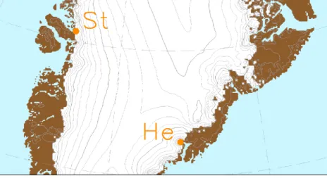 Figure 2. Geographical position of the outlet glaciers mentioned in the main text. “St” indicates the location of Store Glacier, while “He”