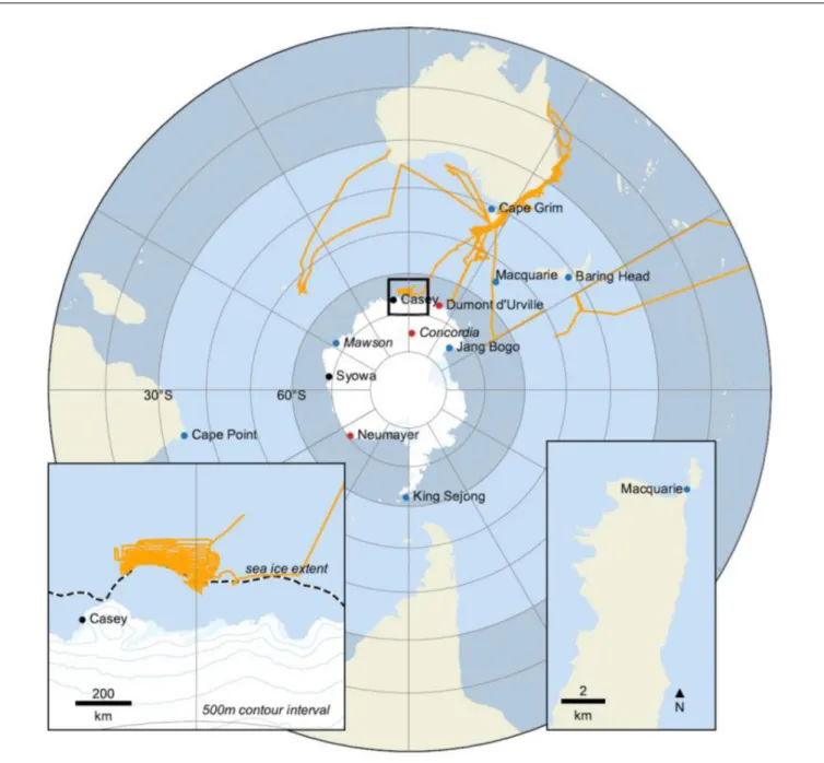 FIGURE 1 | Southern Ocean radon detector network: two-filter detectors (blue), single-filter detectors (red)