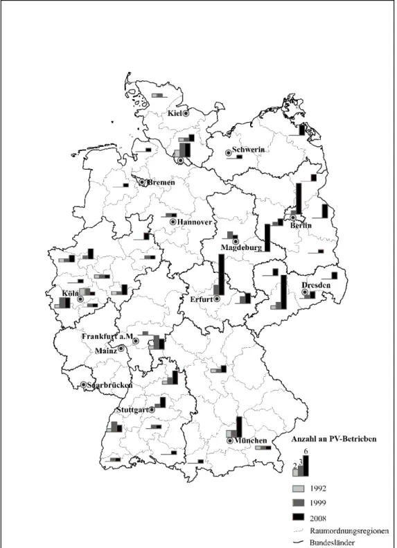 Abbildung  2:  Regionale  Verteilung  der  PV-Betriebe  im  Verlauf  der  Industrieevolution  (Quelle:  Bundesamt  für  Kartographie und Geodäsie 2011, IWH-Datenbank-PV,  eigene Abbildung) 