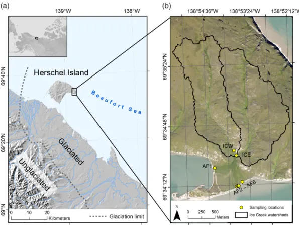 Fig. 1. Map showing (a) the location of Herschel Island and the glaciation limit along the Yukon Coast and (b) the Ice Creek watersheds with the locations for water sampling at the outflow of Ice Creek East (ICE) and Ice Creak West (ICW) and the alluvial f