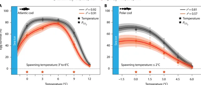 Fig. 3. Effects of elevated P co 2  on temperature-dependent egg survival in Atlantic cod and Polar cod