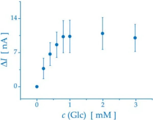 Abb. 8: Änderung des Photostroms einer Quantenpunkt-modifi  zierten  Elektrode (Au-[QD BDT]) nach Zugabe von Glukose in Anwesenheit von  50 U Glukosedehydrogenase und 1 mM NAD +  in 100m M HEPES pH8 bei  +50 mV (vs Ag/AgCl, 1 M KCl), Mittelwert von 4 Elekt