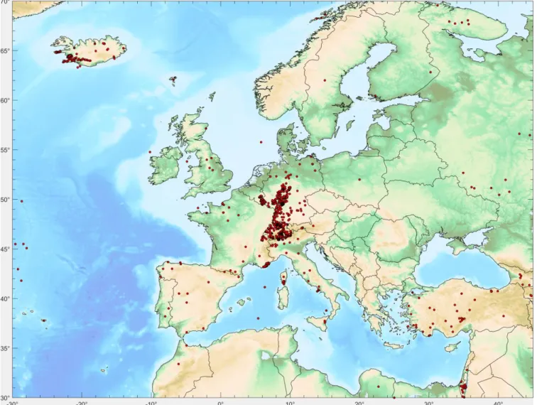 Figure 5: Locations of data points currently included in P 3  for the Europe (for references see Appendix 1)