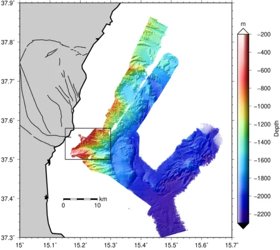 Fig. 5.4 Bathymetric map of the Catania Canyon and the lineament north of it. 