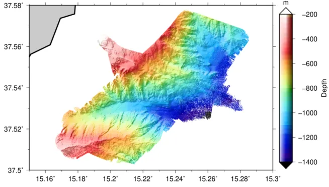 Fig. 5.5 Detailed bathymetric map of the selected area in the previous figure. 
