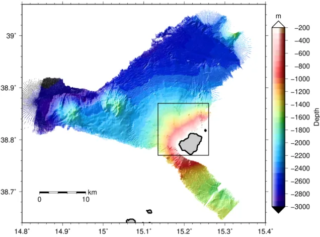 Fig. 5.6 Shaded relief map of the seafloor around Stromboli and parts of Stromboli channel from the EM122  system (30 m grid spacing)