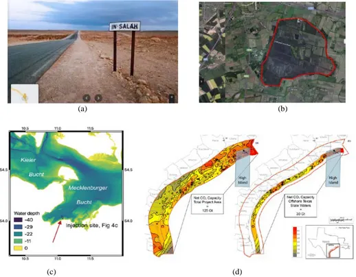 Fig. 2. Case studies in SENSE project. (a) In Salah, from [Google Maps], (b) Hatfield Moors, UK, [Google Earth], (c) Bay of Mecklenburg,  Germany, (d) location of the High Island field and CO 2  capacity estimates for the coastal region of Texas [13]