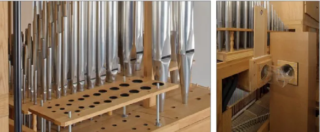 Abb. 21: Mehrere Pfeifensorten wurden mit den neu entwickelten Pfeifen- Pfeifen-Konstruktions-Softwaretools entworfen: Pedal-Holzpfeifen (links),  Rohrflö-ten (rechts)