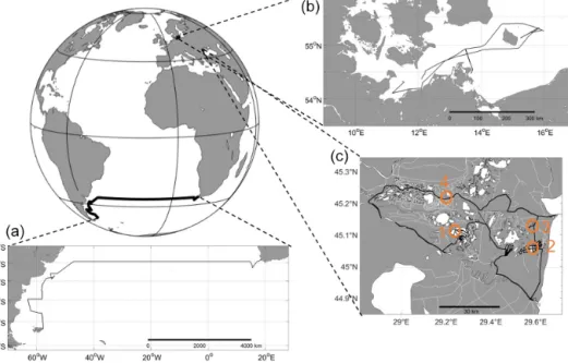 Figure 3. Transects for all test sites. (a) Oceanic – South Atlantic; RV Meteor, cruise M133; ocean (Cape Town, South Africa, to Stanley, Islas Malvinas)