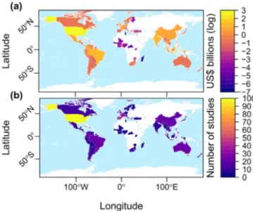 Fig. 4. Maps illustrating global distribution of (a) total economic costs and (b) number of studies (i.e