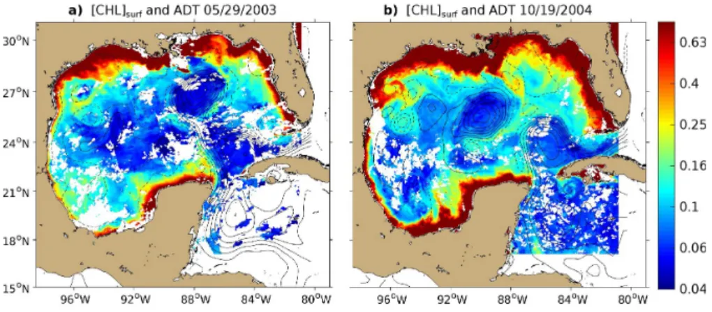 Figure 1: 8-days composite images of [CHL] surf (in mg·m -3 ) around (a) May 29 th  2003 and (b) October 19 th  2004 derived from  Aqua-MODIS images overlaid with contours of Absolute Dynamic Topography (ADT in m) derived from Aviso images are  superimpose
