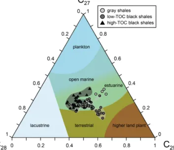 Figure 9. Ternary diagram showing the distribution of regular desmethylsteranes in gray shales, low-TOC black shales (&lt; 6 % TOC), and high-TOC black shales (&gt; 6 % TOC)
