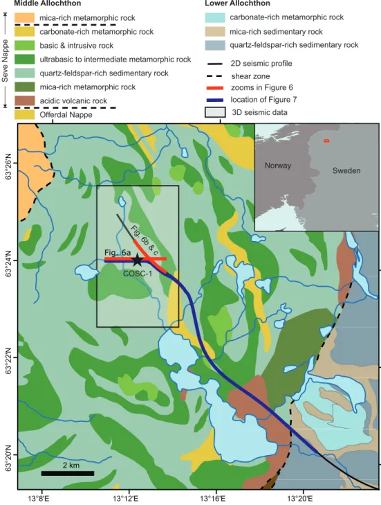 Figure 1.  Tectonostratigraphic map of the study area (based on the 1:250 000 scale geological map by the Geological  Survey of Sweden) showing the COSC-1 drill site (black star) and relevant geophysical surveys (red and blue lines) in  relationship to the