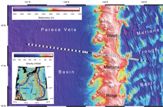 Figure 1.  Bathymetric map  of the West Mariana Ridge  and adjacent back-arc  basins in the Philippine  Sea, and layout of the  study’s seismic profile