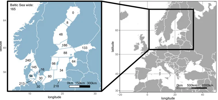 Fig. 2. Spatial distribution of ecosystem service indicators. HELCOM regions and the number of ecosystem service indicators per region are displayed in the map of the Baltic Sea area