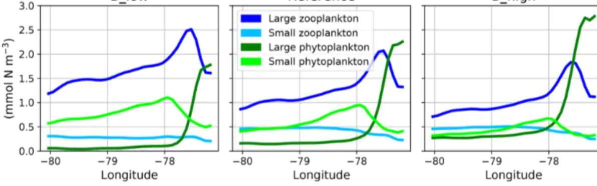 Figure 5. Zonal distribution of surface plankton concentrations at 12 ◦ S annually averaged in the reference and the two B scenarios, respec- respec-tively