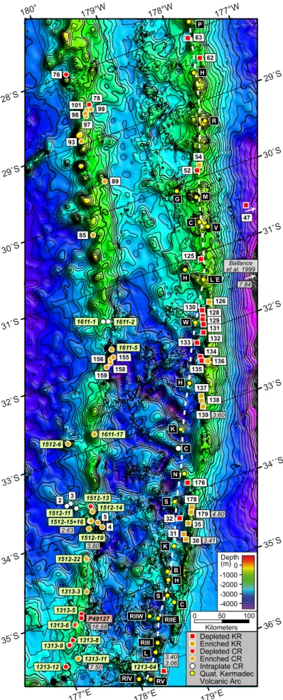 Figure S1:  Map showing sample  locations on the Kermadec Ridge  (KR) and Colville Ridge (CR)