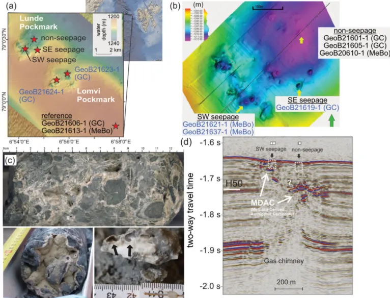 Fig. 1. Location maps, seismic data, and core photos from the investigated pockmarks along Vestnesa Ridge